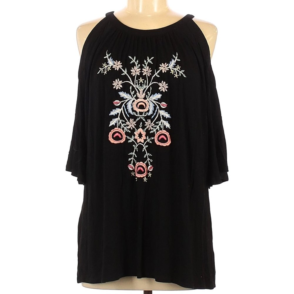 Jodifl Black BOHO Embroidered Cold Shoulder Top  M
